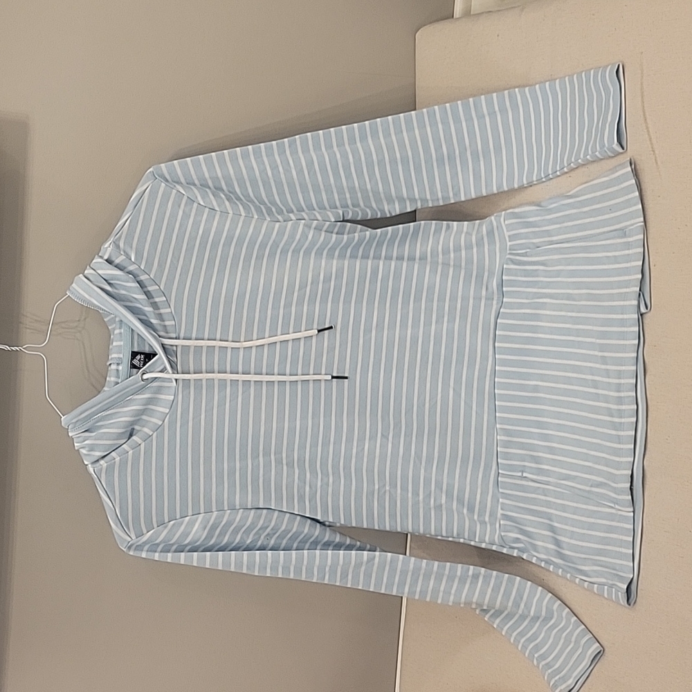 RBX Sweatshirt Hooded Pullover  Light Blue and white Striped. Front pockets